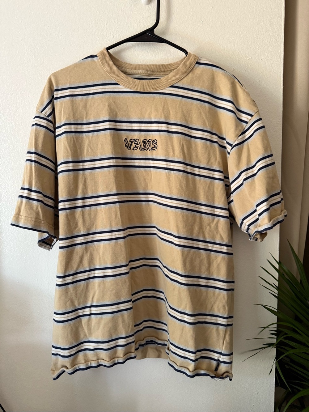 Vans Beige and Navy Striped Embroidered Logo Tee